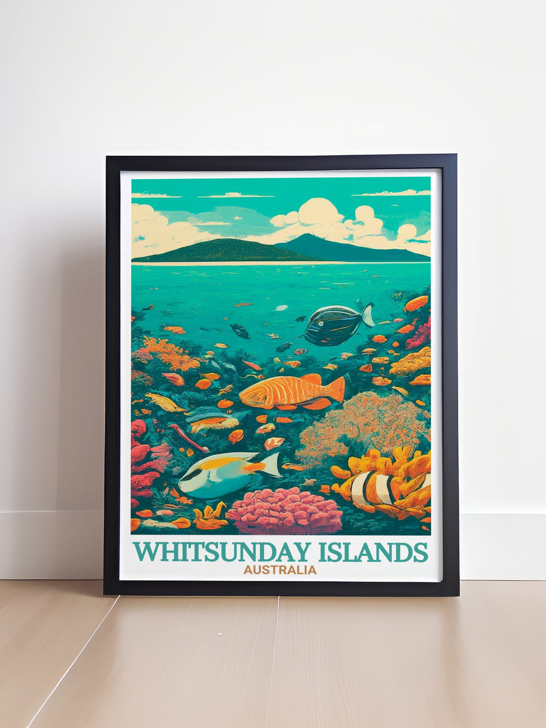 Modern Whitsunday wall art print capturing the tropical paradise of the Whitsunday Islands and the Great Barrier Reef perfect for adding a splash of color and tranquility to any room in your home or office.