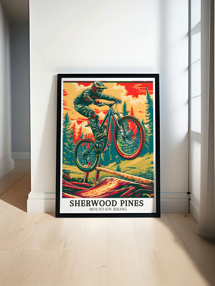 Sherwood Pines and Pulpit Jump art deco travel posters showcasing vibrant landscapes and challenging trails of Nottinghamshire. These framed travel posters are ideal for adding a touch of adventure to your wall decor. Experience the thrill of Sherwood Pines through our beautifully crafted art deco travel posters.