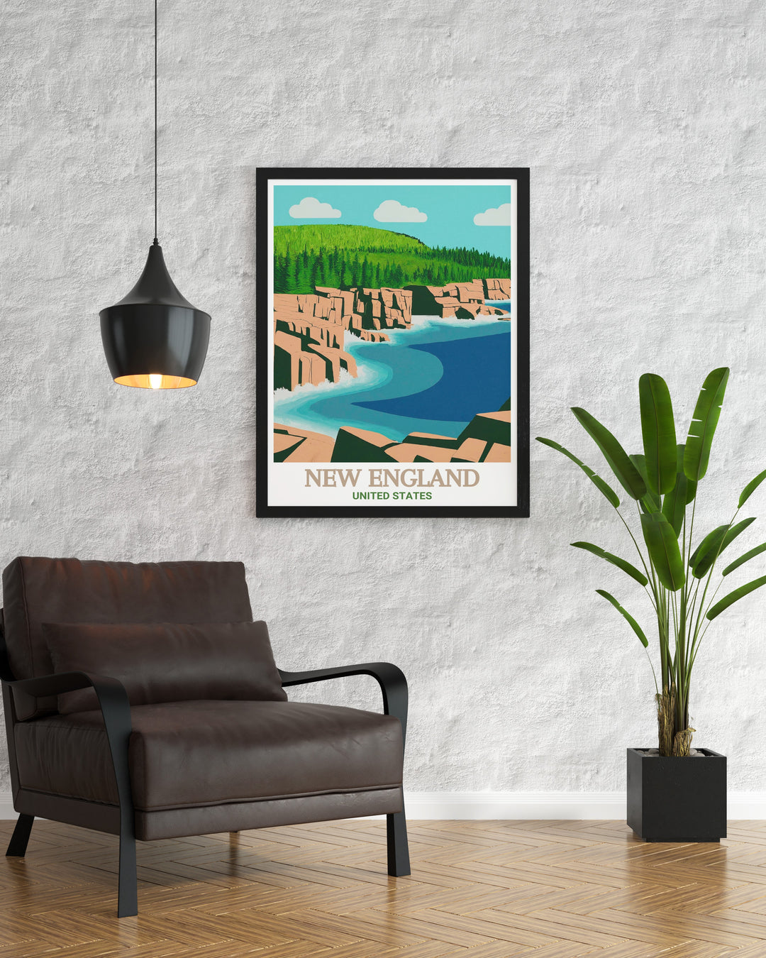 Acadia National Park framed print highlighting the scenic beauty of the New England Trail and other iconic national park locations. Ideal for those who love hiking and exploring the great outdoors this print adds elegance to any living room or office.