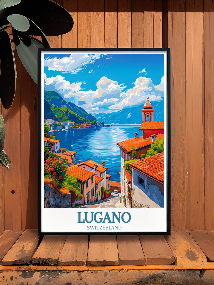 Highlighting the majestic beauty of Lake Lugano, this travel poster captures its serene waters and stunning views. Perfect for outdoor adventurers and those who love dramatic landscapes.