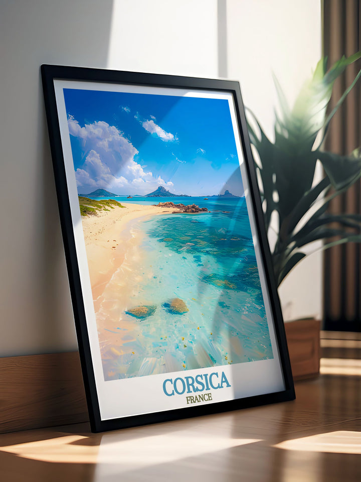 Exquisite Corsica art print depicting the serene beauty of Lavezzi Islands a wonderful addition to any home decor bringing the charm of Corsican landscapes into your living space and creating a peaceful atmosphere