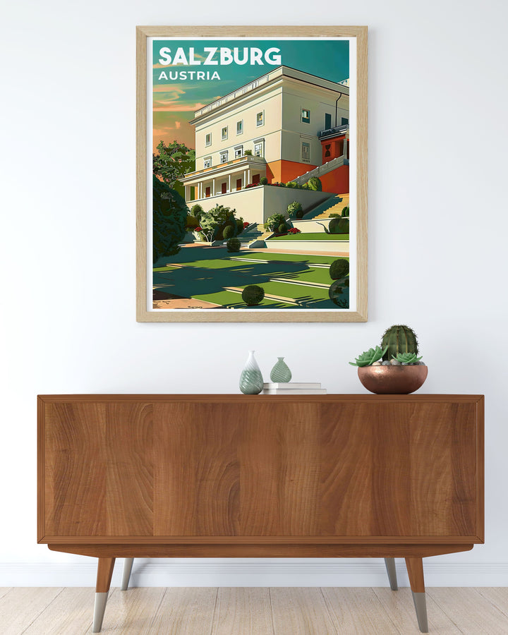 Mirabel Palace in Salzburg paired with Zauchensee skiing in an exquisite vintage travel print. Enhance your home decor with this unique artwork that showcases the elegance of Austrian landmarks and the excitement of winter sports.