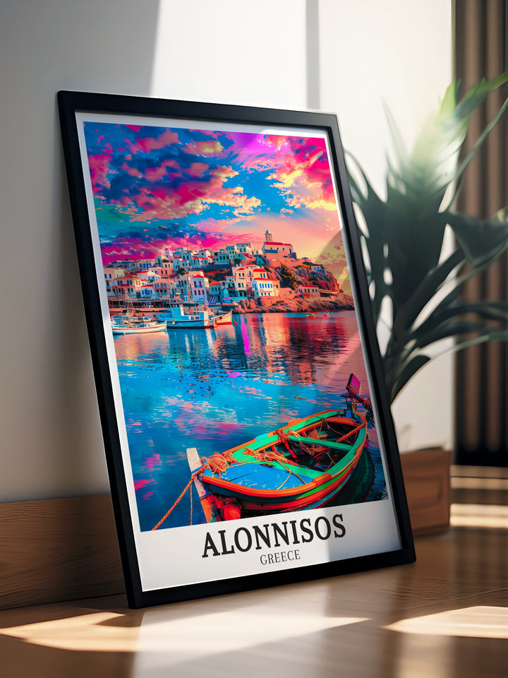 Patitiri harbor canvas print celebrating the tranquility and beauty of Alonnisos waterfront. This artwork is a perfect reflection of Greek island life, making it an ideal piece for those who love the sea and serene landscapes.