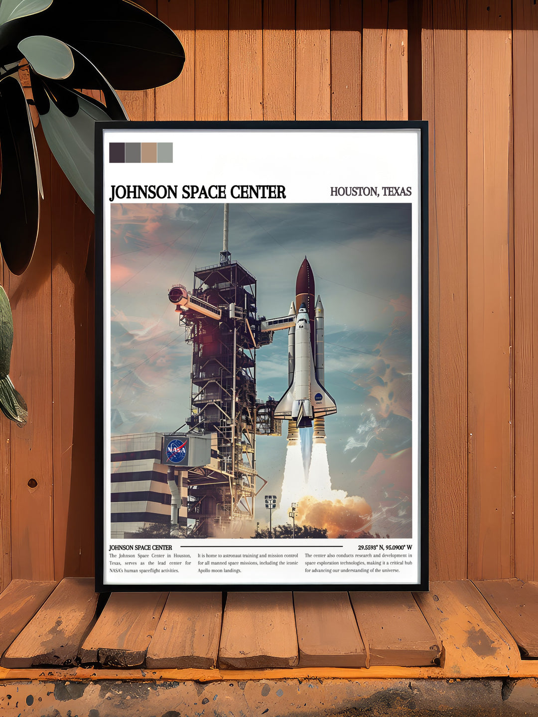 Captivating painting of the Johnson Space Center highlighting the marvels of space exploration. Perfect for modern decor.