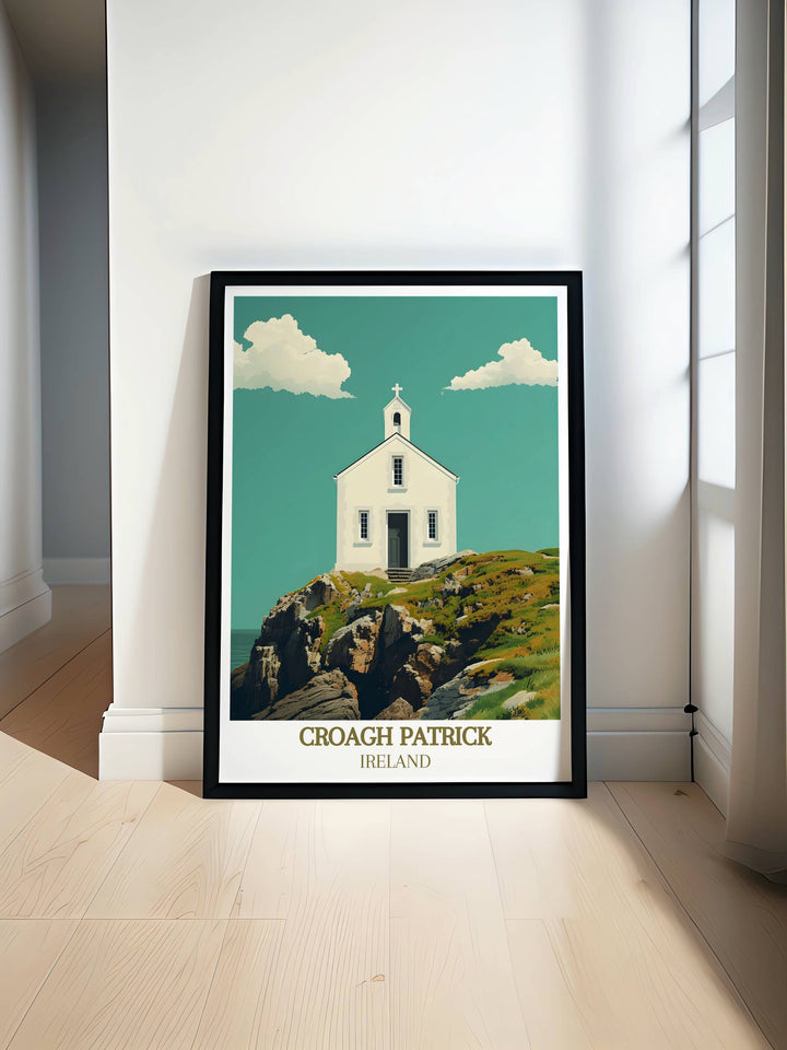 A captivating print of Croagh Patrick in County Mayo Ireland showcasing the iconic mountain and the serene beauty of The Reek Ireland perfect for Irish wall art and travel enthusiasts with a nod to St Patricks Church.