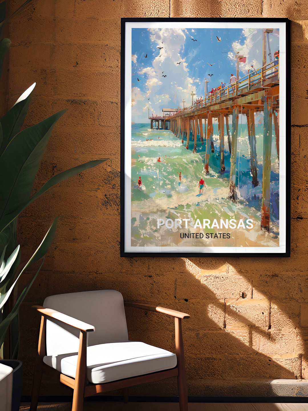 Experience the coastal charm of Port Aransas with this detailed art print of the Horace Caldwell Pier. The artwork captures the essence of a day by the Gulf, making it a must have for any beach lovers decor.