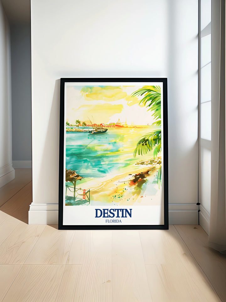 Crab Island Poster Print captures the fun and vibrant atmosphere of one of Destins most popular spots, paired with the scenic views of Destin Harbor. This travel print is perfect for beachgoers and those who appreciate the coastal lifestyle.