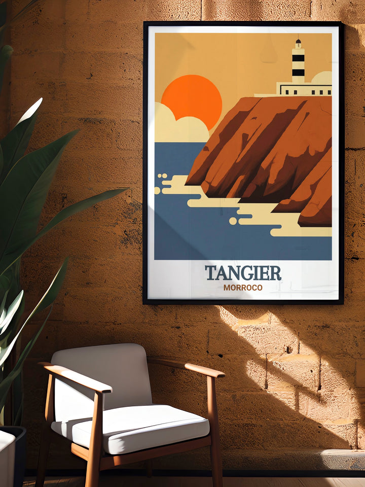 Bring the magic of Tangier into your home with this travel poster showcasing the beauty of Cap Spartel in Morocco. The detailed wall art captures the essence of Moroccos coastal charm, perfect for those who appreciate exotic landscapes.