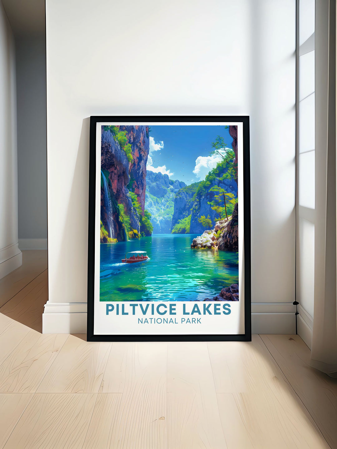 Kozjak Lake travel poster featuring the serene waters and lush greenery of Plitvice Lakes National Park perfect for adding a touch of Croatia to your home decor ideal for nature enthusiasts and travelers who appreciate beautiful landscapes and vibrant colors