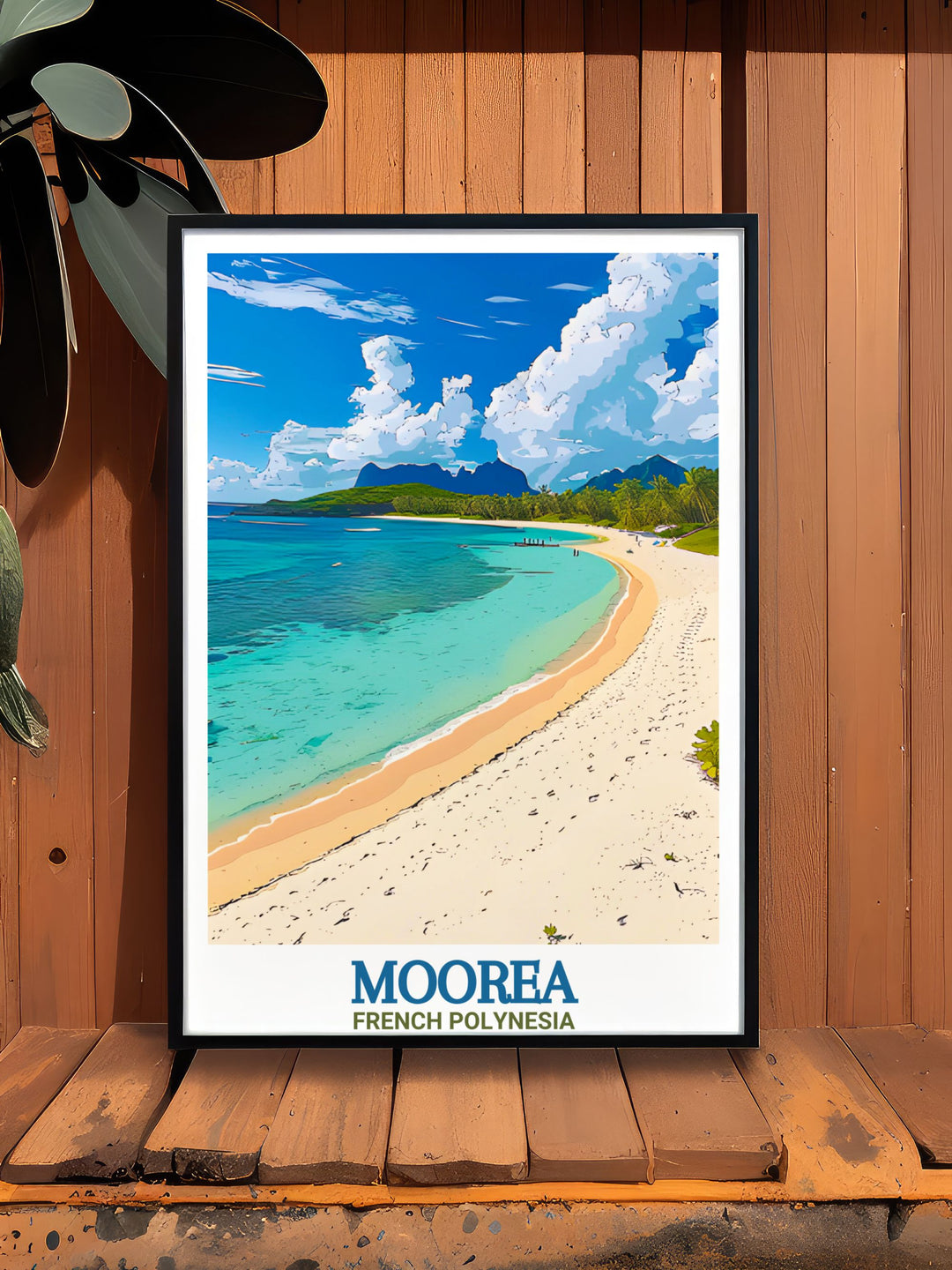 Experience the serene beauty of French Polynesia with this Temae Beach Travel Print. Featuring Mooreas pristine shoreline and lush mountains, this print is perfect for creating a tropical ambiance in any space. Ideal for travel enthusiasts and beach lovers alike.