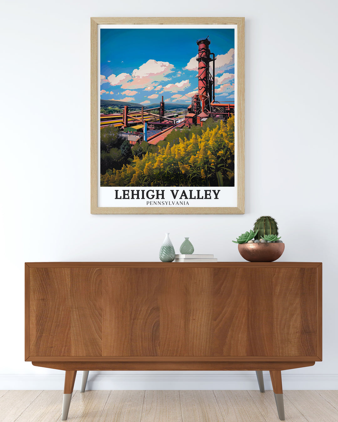 A travel poster of Lehigh Valley, showcasing the scenic landscapes and historical sites that make this region special. This art print is perfect for home decor or as a thoughtful gift for those who love Pennsylvanias natural and cultural heritage.