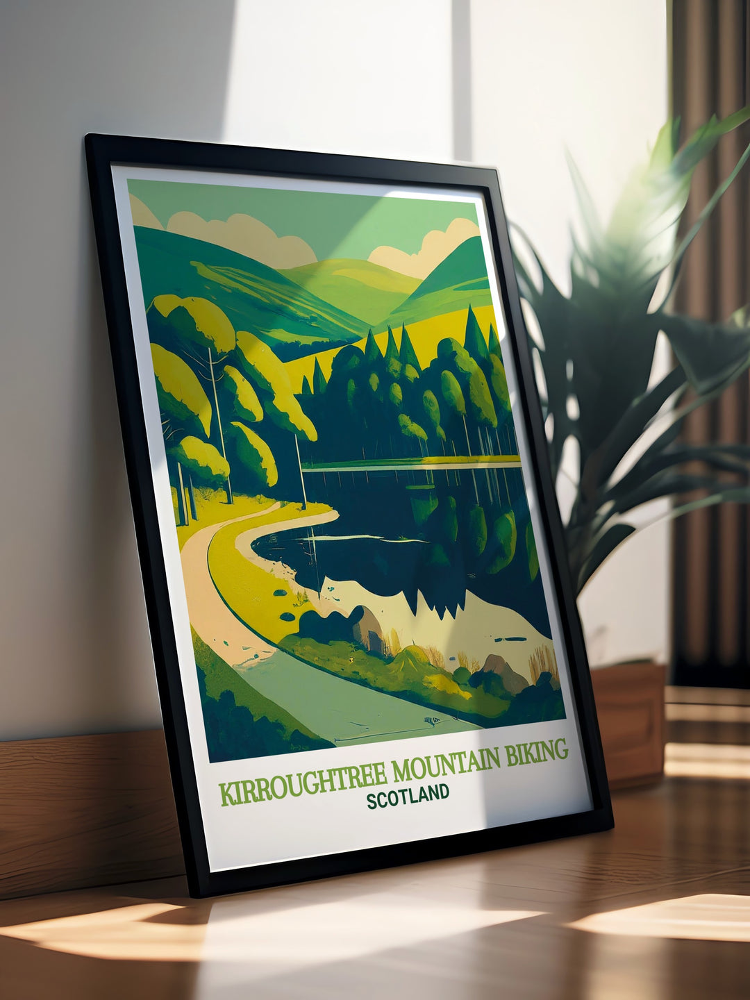 Galloway Forest Park poster highlighting the 7stanes MTB trails at Kirroughtree, paired with the picturesque Bruntis Loch. This wall print is perfect for cyclists and nature lovers who want to bring the thrill of the outdoors into their home.