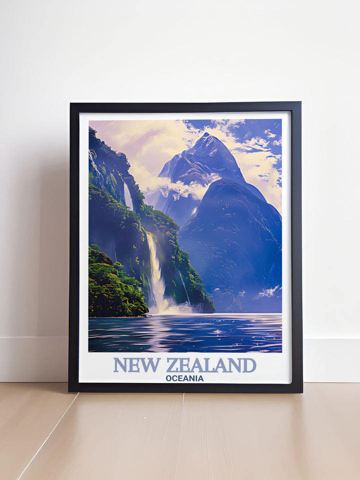 Vibrant New Zealand travel poster featuring the pristine waters of Milford Sound and the charming Akaroa Lighthouse perfect for enhancing your living room decor or gifting to someone who loves the beauty of national parks.