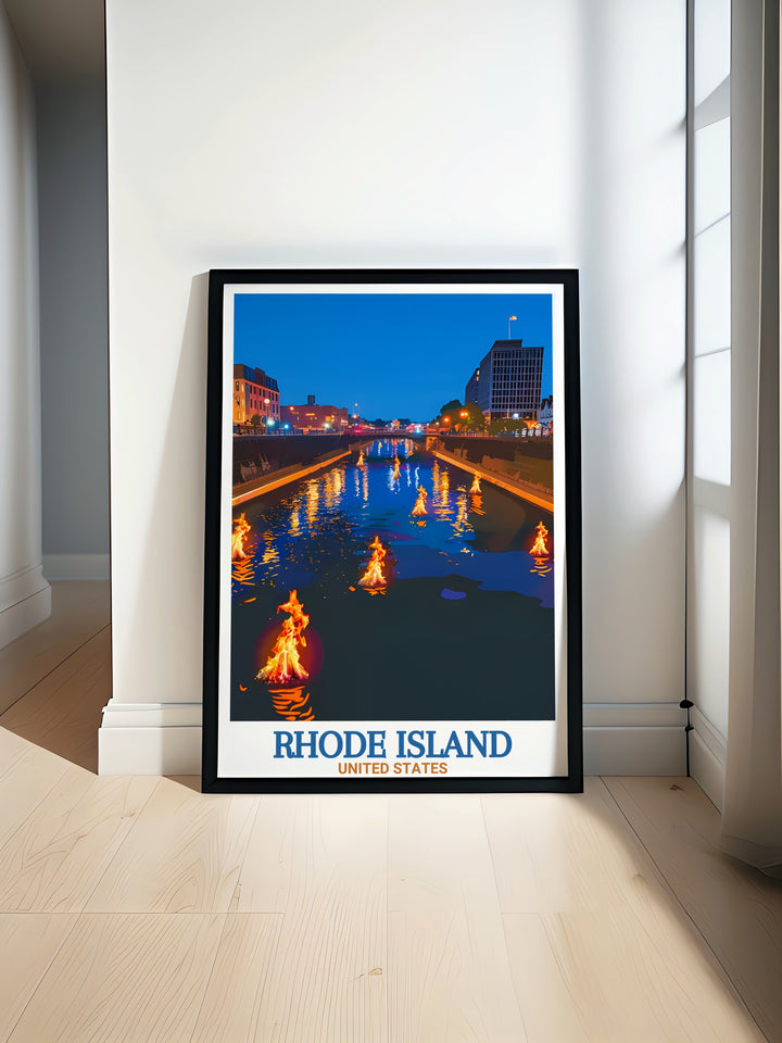 A stunning art print of WaterFire in Rhode Island, portraying the flickering firelight against the backdrop of Providences scenic waterways. This artwork brings a unique and artistic touch to any space, making it a great gift for travelers or anyone who loves Rhode Islands culture.