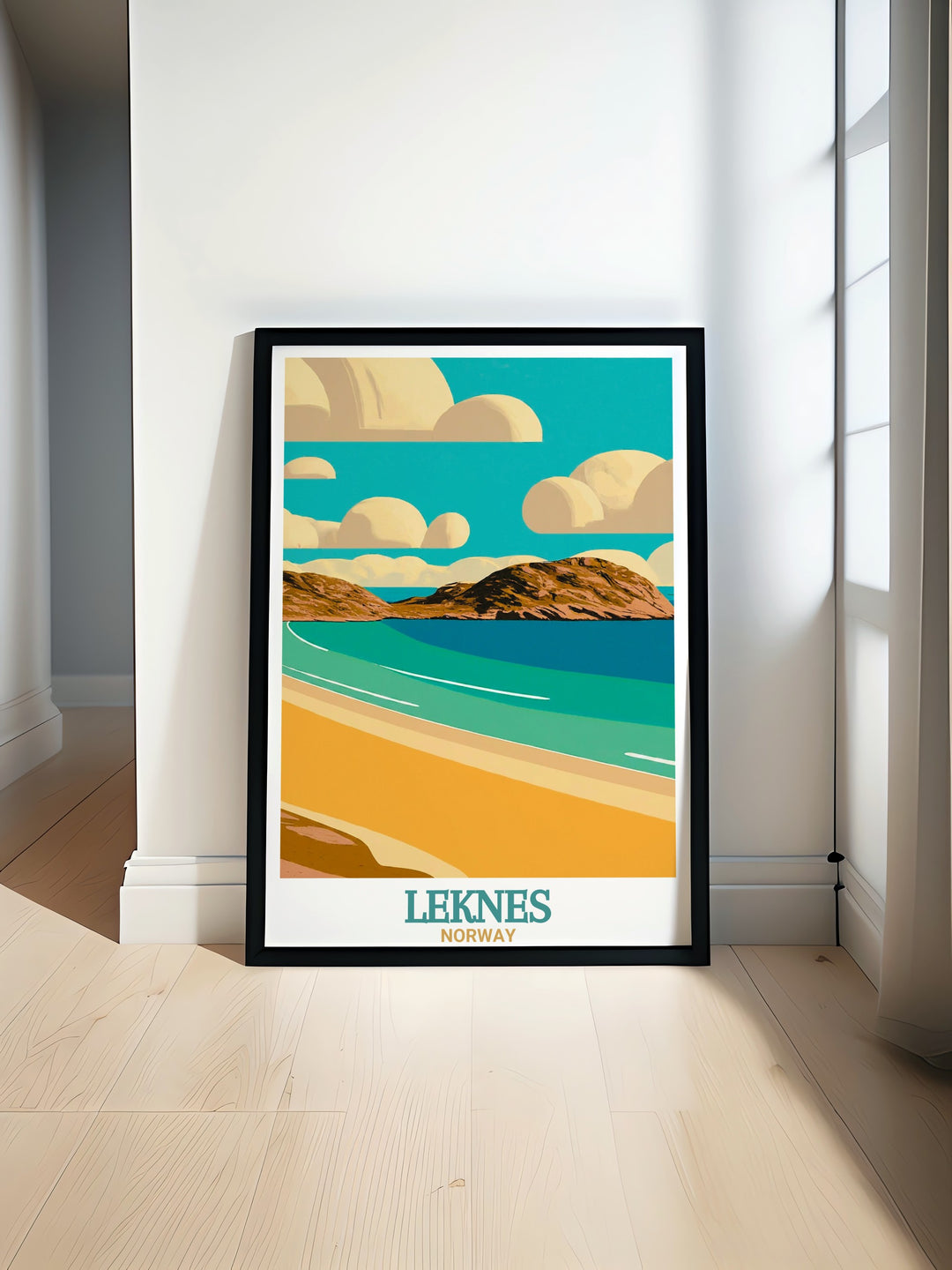 A beautiful print illustrating the unique character of Leknes, showcasing its charming fishing village with mountain peaks in the background. This piece is perfect for adding a touch of Arctic charm to your living space.