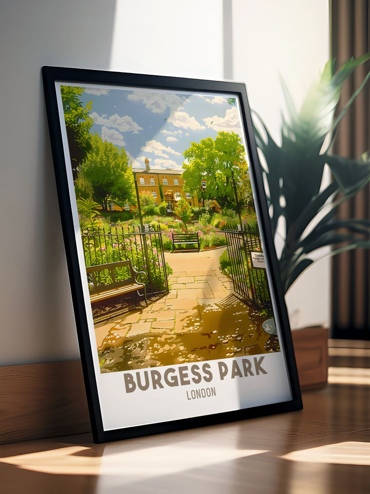 A detailed illustration of Burgess Park, highlighting the serene Chumleigh Gardens and the welcoming Chumleigh Café. This modern wall art perfectly captures the parks peaceful ambiance and is an ideal piece for adding a touch of Londons beauty to your decor.