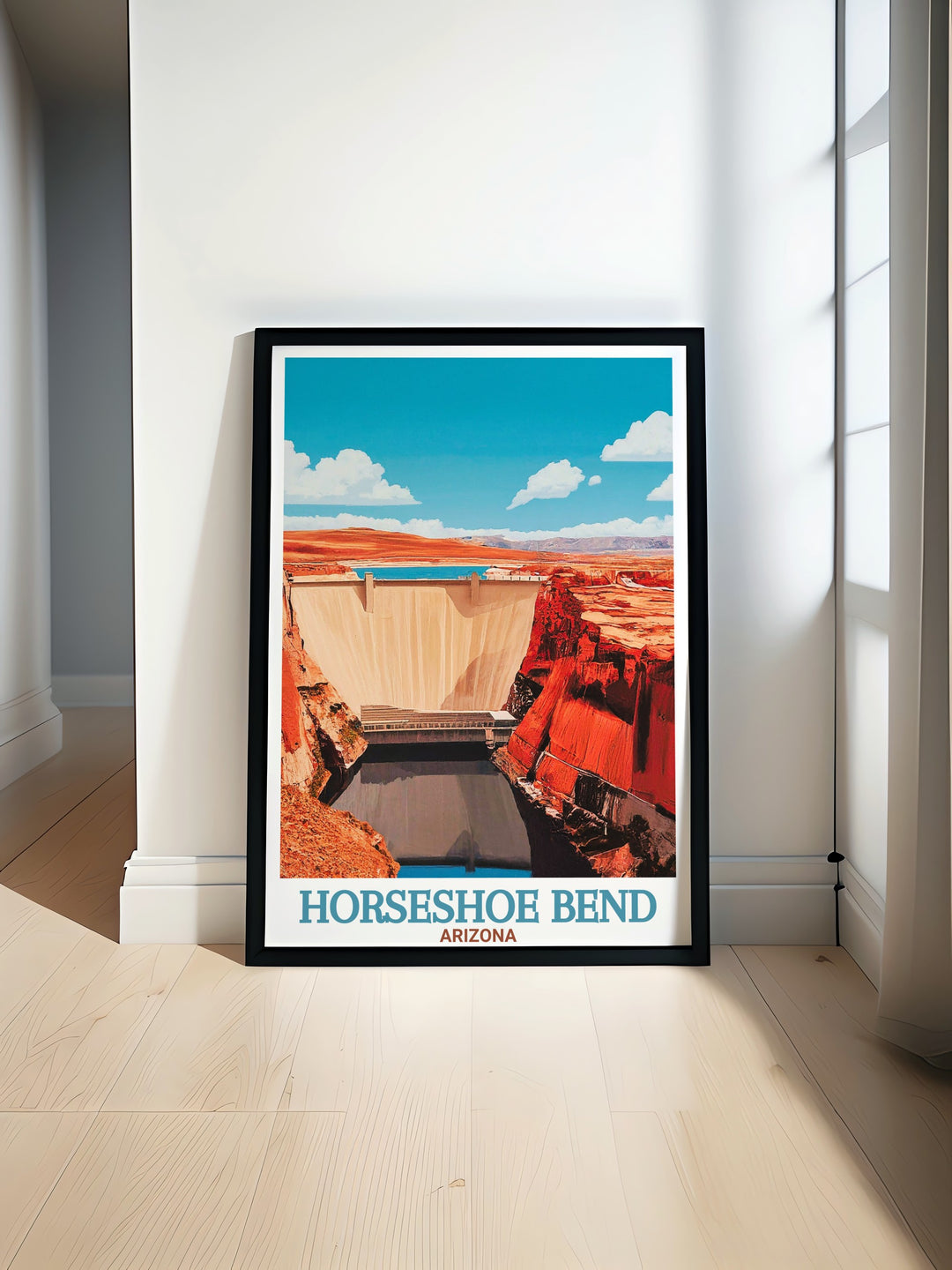 Featuring the iconic Horseshoe Bend and Glen Canyon Dam, this Arizona travel print highlights the beauty and power of nature and engineering, making it a perfect addition to any home or office decor.