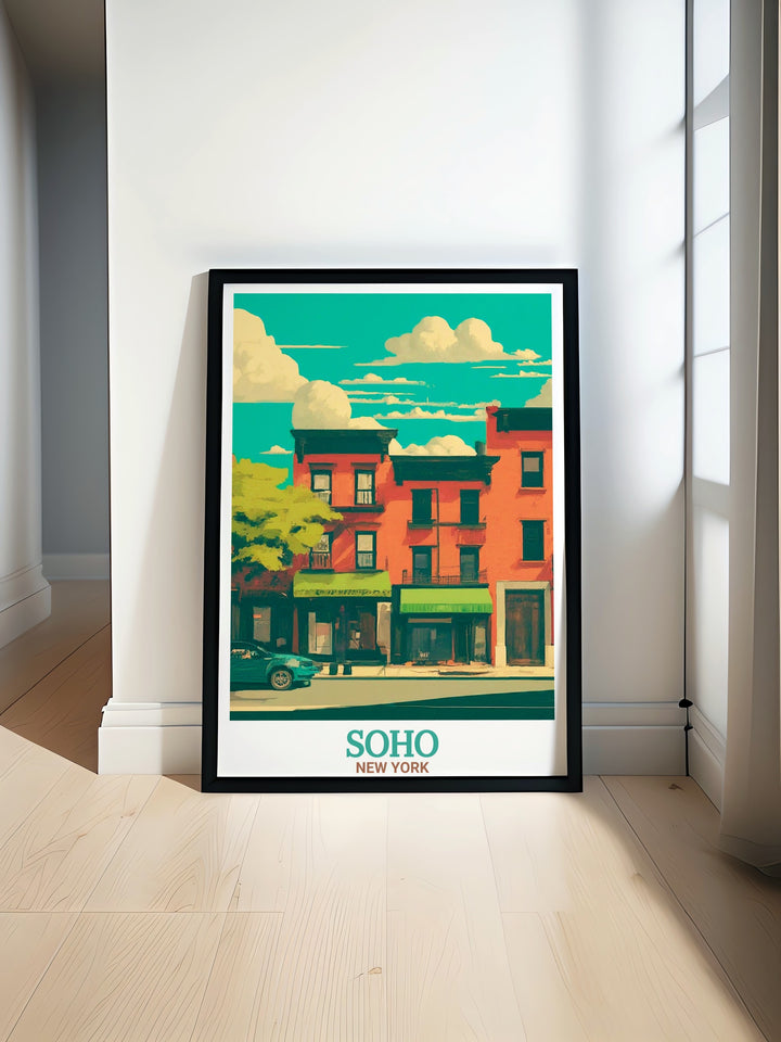 With a focus on Londons Green Street and the historic Palladium Theatre, this art print brings the architectural and theatrical history of Soho to life. The vintage inspired design makes it an ideal addition to any home or office space, perfect for lovers of London culture and history.