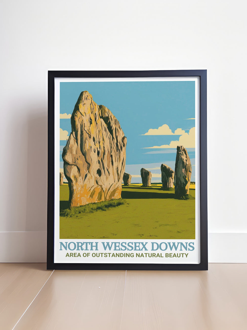 Art print of the Avebury Stone Circle set within the North Wessex Downs AONB. This vibrant wall art piece highlights the captivating beauty of one of Britains most iconic landmarks, offering a stunning view of the rolling hills and ancient stones.