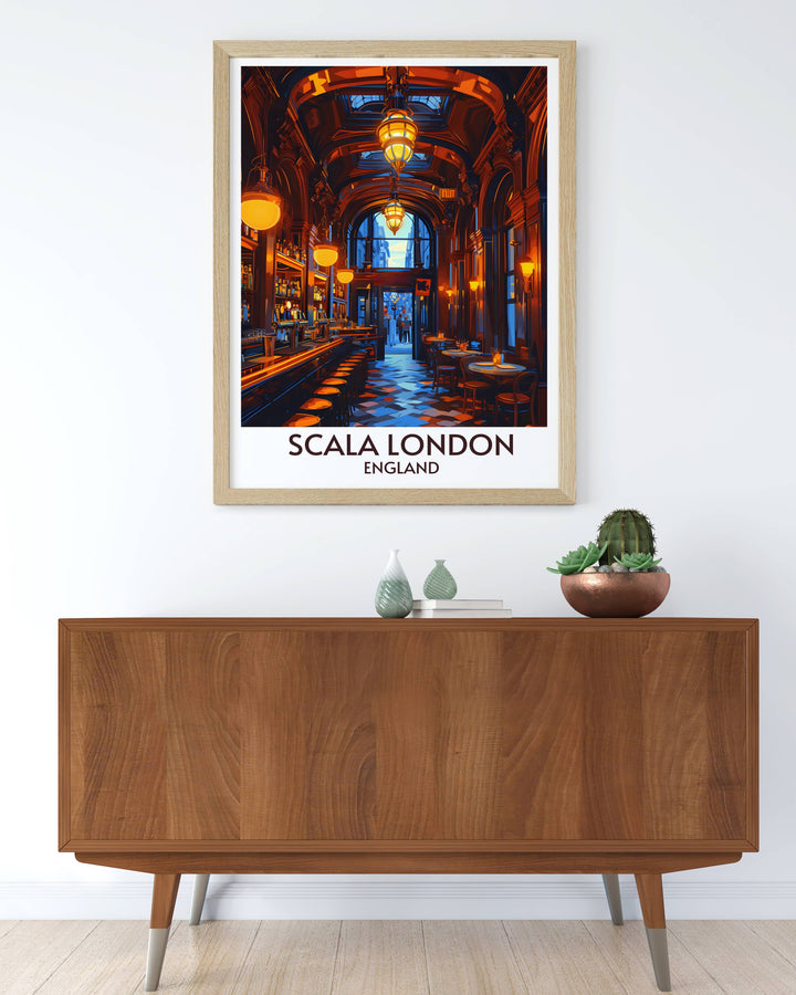 Scala London poster depicting the iconic music venue in Kings Cross an elegant Art Deco print perfect for bar and lounge areas this piece brings the charm of London architecture into your home while celebrating the citys rich musical heritage