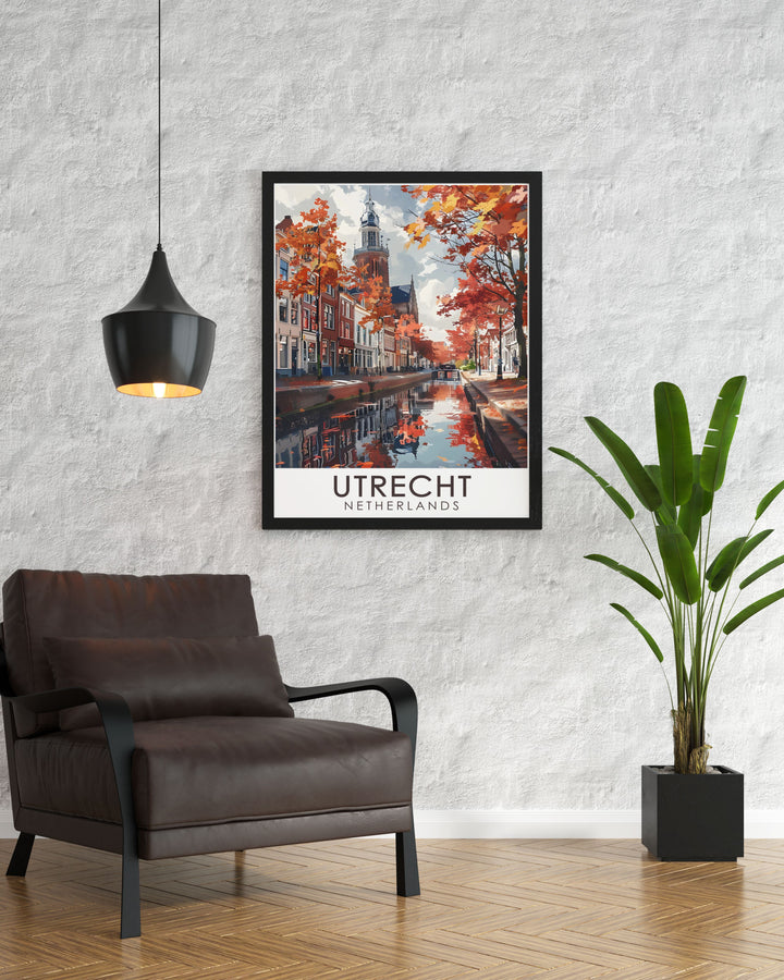 Capture the beauty of Utrechts Oudegracht Canal with this elegant wall art, featuring the citys iconic waterways and historic buildings. Perfect for travel lovers and fans of European architecture, this poster brings a touch of history to your decor.