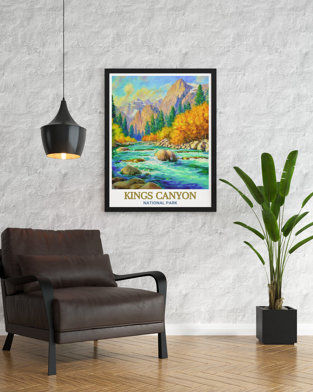 Kings Canyon canvas art depicting the breathtaking scenery of the Kings River and surrounding peaks. This travel print brings the awe inspiring landscapes of the National Park into your decor, perfect for those who appreciate the grandeur of nature.