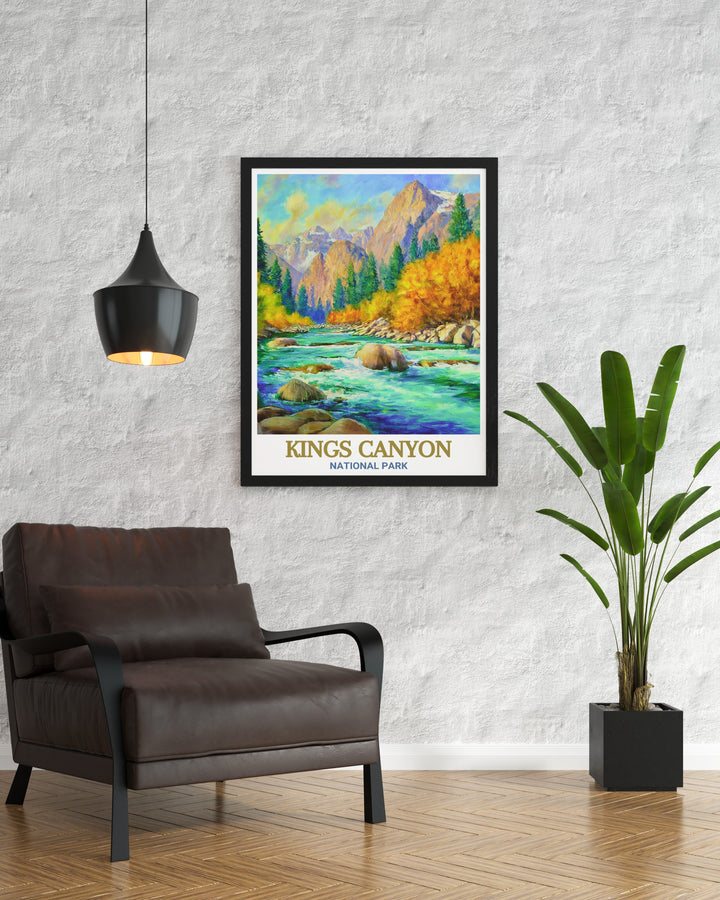 Kings Canyon canvas art depicting the breathtaking scenery of the Kings River and surrounding peaks. This travel print brings the awe inspiring landscapes of the National Park into your decor, perfect for those who appreciate the grandeur of nature.