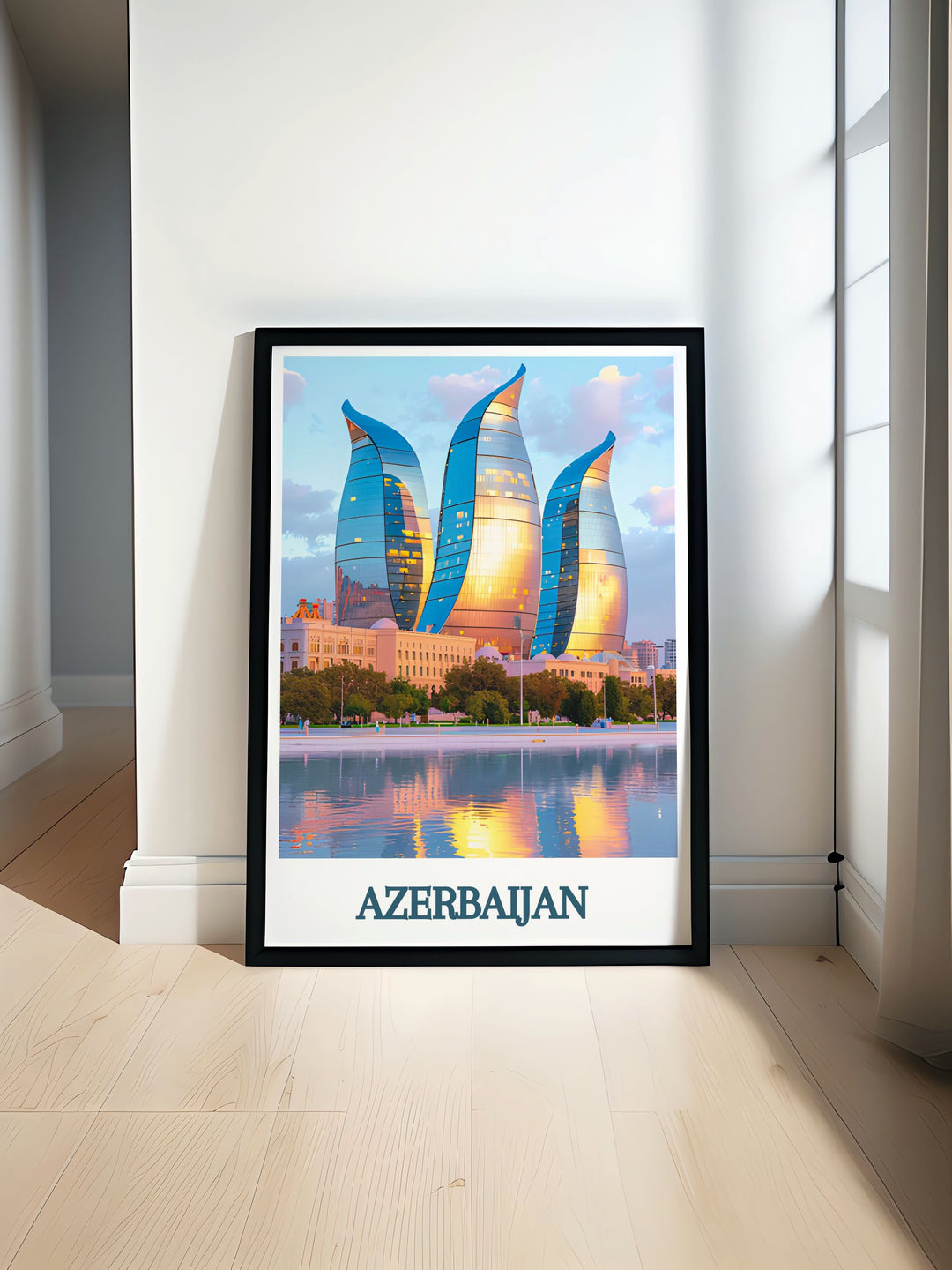 Azerbaijan travel poster featuring the iconic Flame Towers and the stunning Baku skyline perfect for adding a modern touch to any living space vibrant colors and sleek design make this Flame Towers artwork an ideal gift for travelers and architecture enthusiasts