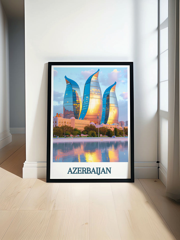 Azerbaijan travel poster featuring the iconic Flame Towers and the stunning Baku skyline perfect for adding a modern touch to any living space vibrant colors and sleek design make this Flame Towers artwork an ideal gift for travelers and architecture enthusiasts