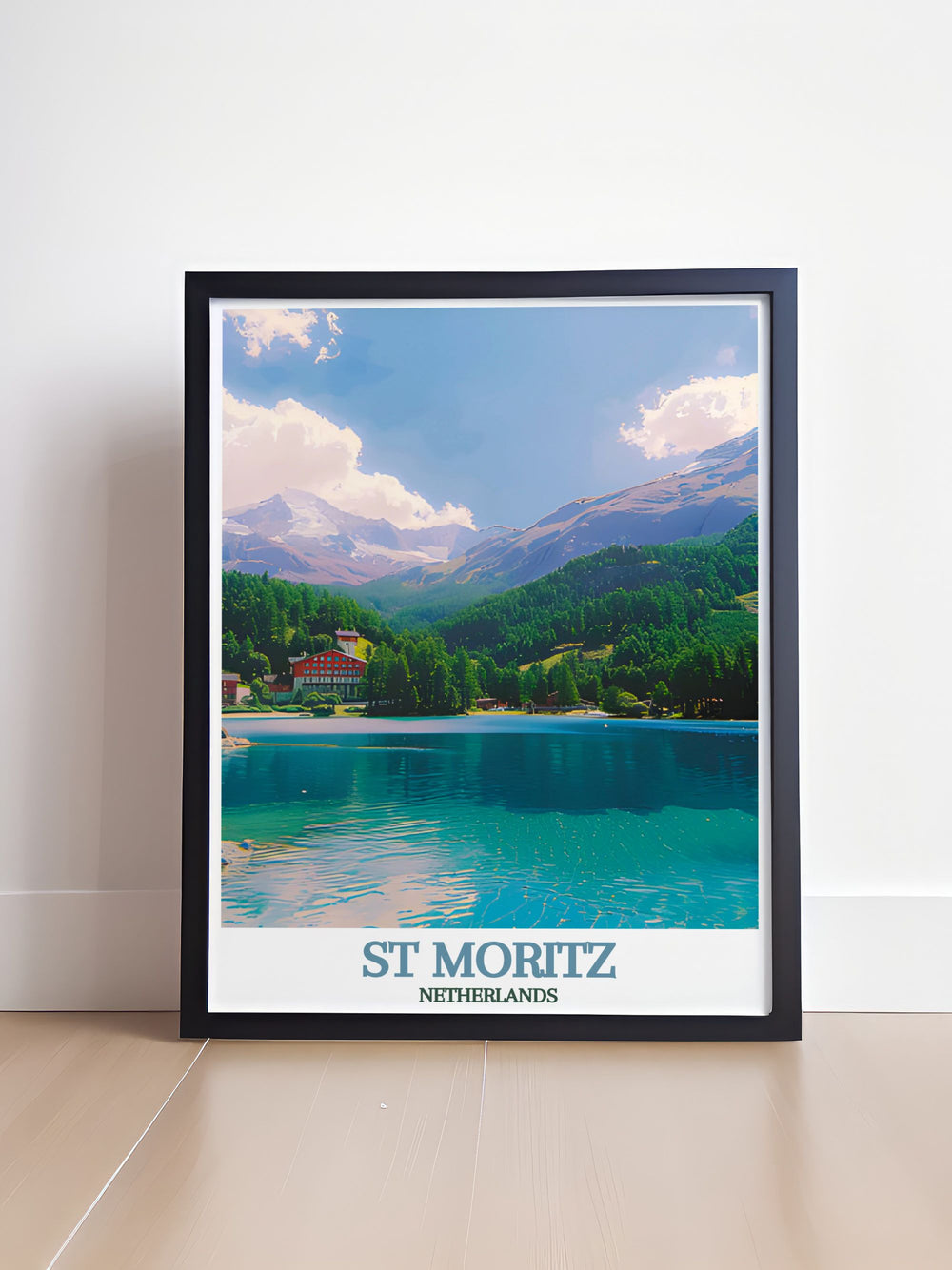This travel poster captures the essence of St Moritz, renowned for its luxury and winter sports excellence, and the tranquil beauty of Lake St. Moritz.