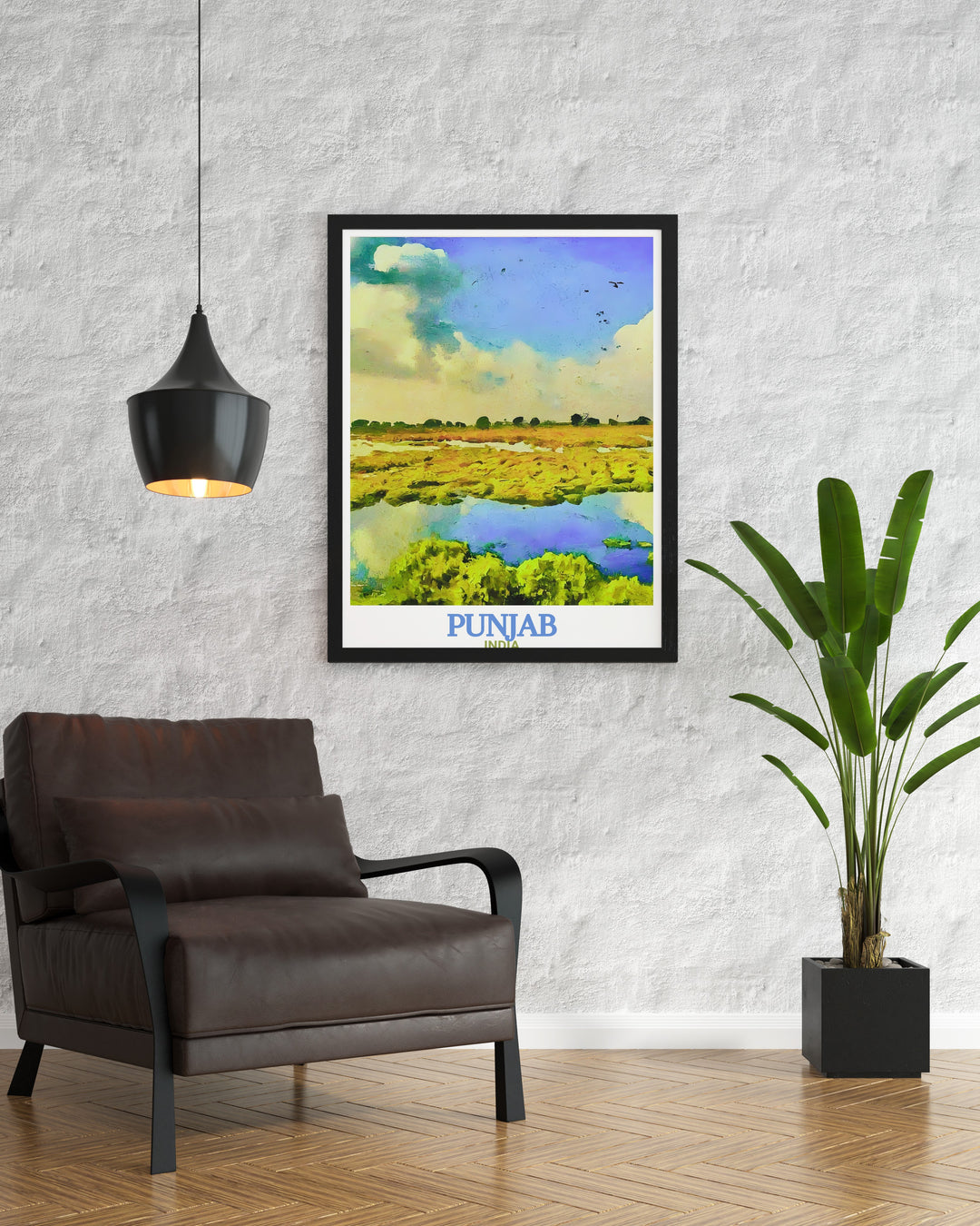 Capture the tranquility of Harike Wetland with this beautiful Punjab art print. Featuring vibrant colors and a serene atmosphere, this travel poster is a wonderful way to bring the charm of Indias bird sanctuary into your home. It makes an ideal gift for birdwatchers, conservationists, or anyone who loves nature.