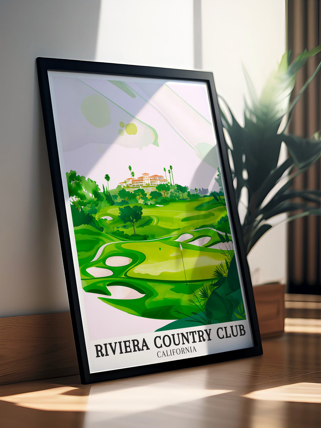 This travel print captures the scenic Pacific Palisades and the world renowned Riviera Country Club, including the clubhouse and the challenging 18th Hole. Ideal for any golf fan, this artwork brings the elegance of one of the greatest courses into your space.