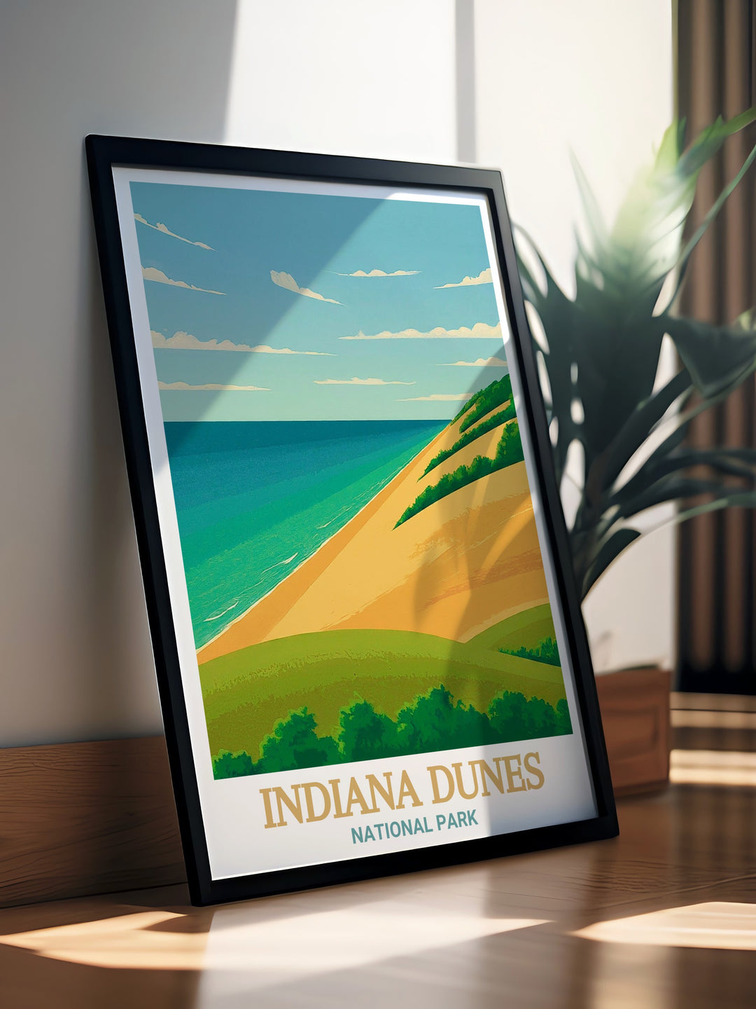 A stunning art print of Indiana Dunes State Park, featuring the sandy dunes and lush greenery. This piece of art celebrates one of the USAs national treasures, making it a perfect gift for adventurers and outdoor enthusiasts alike.