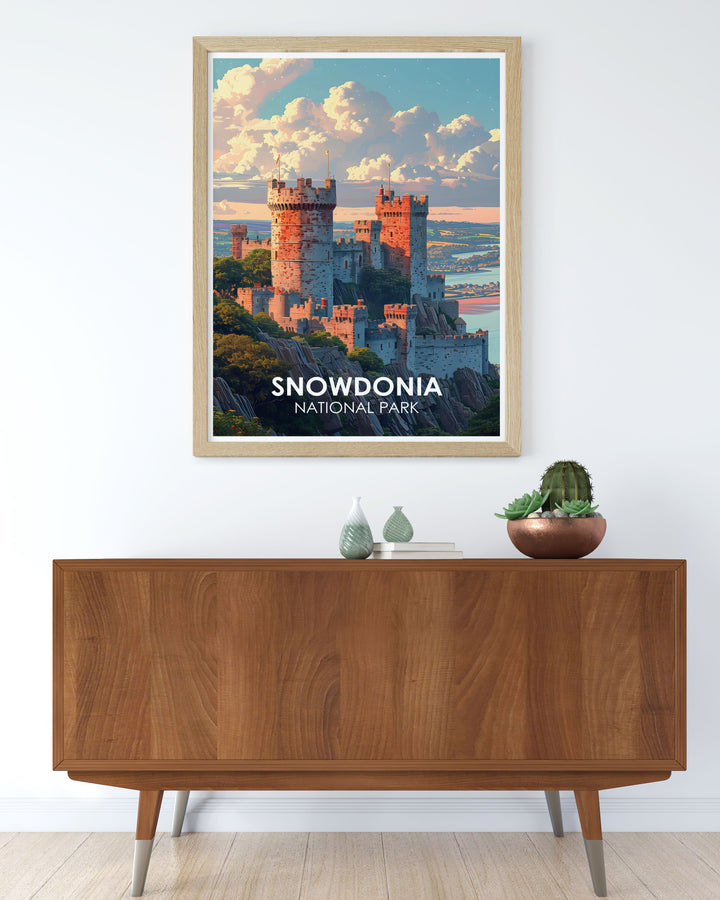 Conwy Castle prints highlighting the architectural marvel of the castle nestled in the scenic beauty of Snowdonia ideal for home decor and those who appreciate historical art and nature landscapes