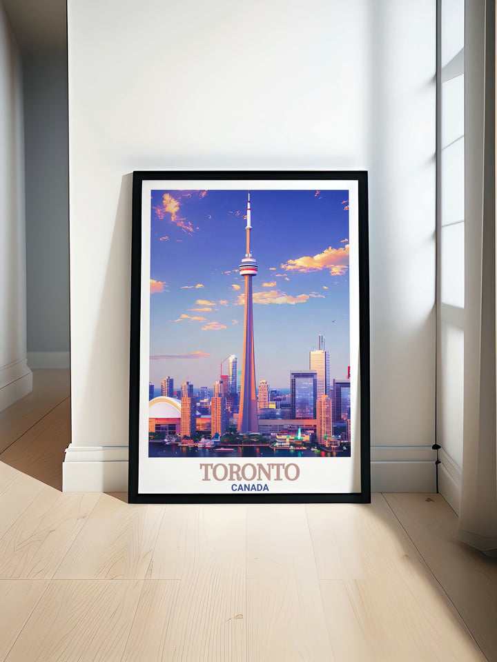 This Toronto travel poster showcases the citys vibrant skyline, featuring the Royal Ontario Museum and its surrounding architecture. Ideal for fans of Canadian culture and travel, this framed print captures the essence of Torontos rich history and modern appeal.