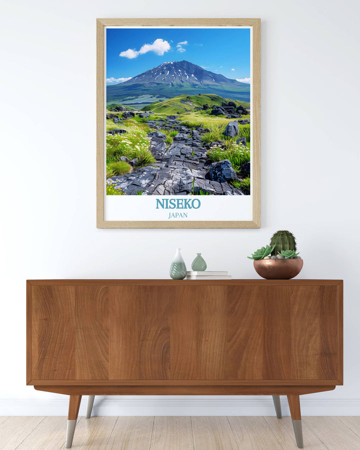 Retro Snowboarding Print with Mount Yotei and Niseko capturing the dynamic energy of skiing in Japan combined with elegant Japanese wall art and vintage travel style