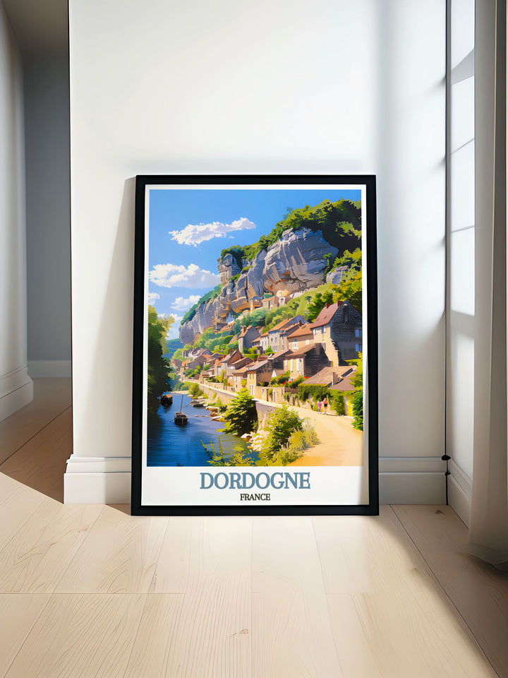This La Roque Gageac travel poster captures the villages stunning location along the Dordogne River, perfect for bringing a touch of French elegance to your home.