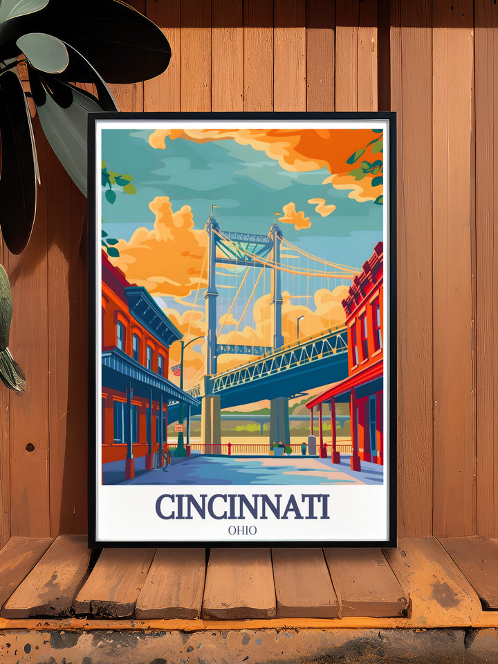 Roebling Suspension Bridge and Roebling Point are highlighted in this Cincinnati Poster showcasing fine line black and white prints that add elegance to any living room decor ideal for those looking for unique gifts for birthdays holidays or special celebrations