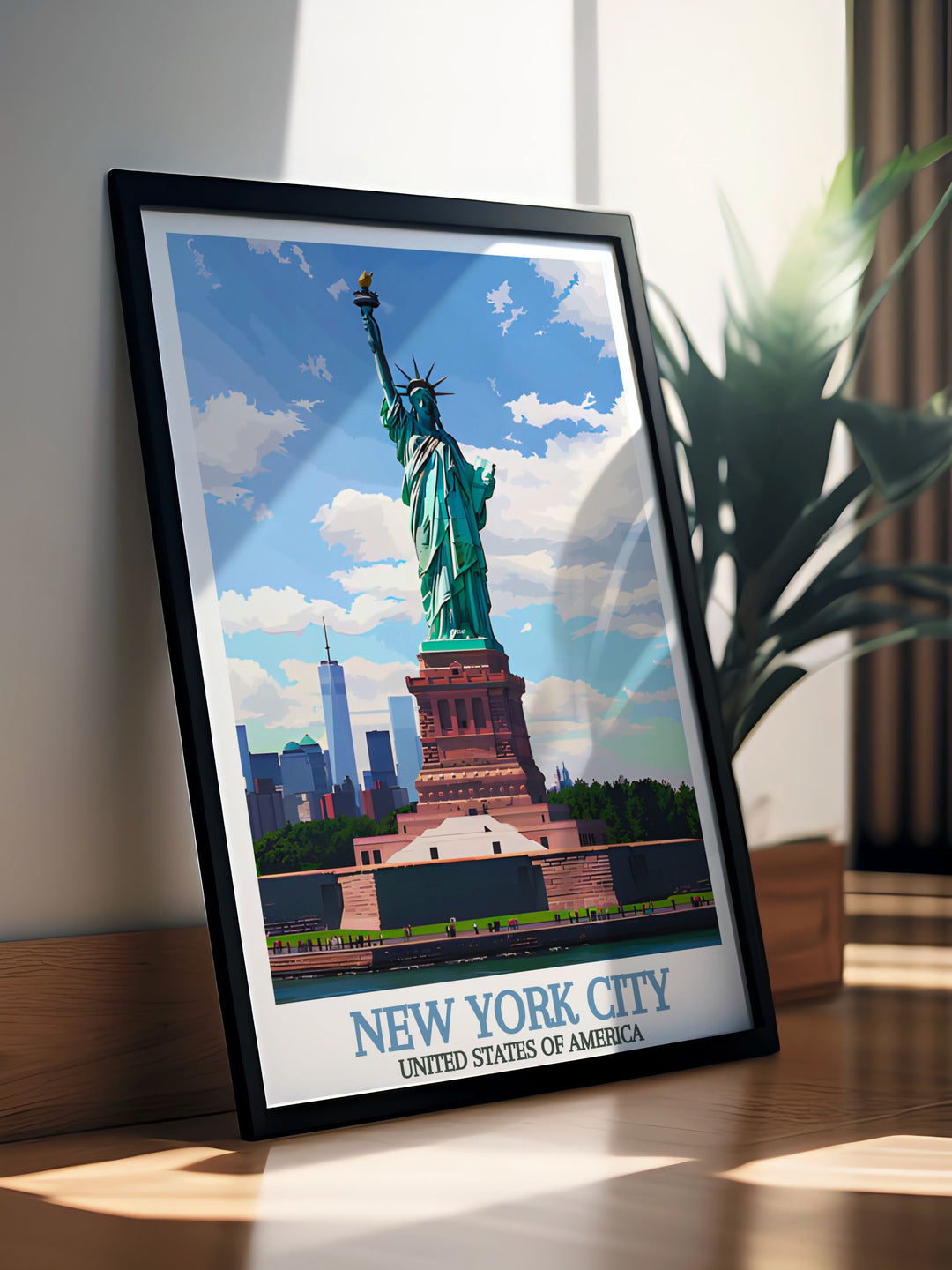 Elegant home decor with Statue of Liberty framed prints capturing the beauty of New York watercolour skyline art