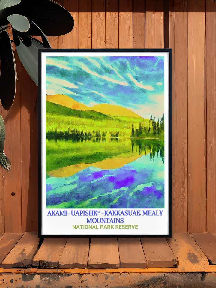 This canvas art of the Mealy Mountains showcases the pristine beauty of Canadas national parks. With sweeping views of Atikonak Lake and the surrounding wilderness, this artwork is a perfect addition to any nature themed decor.