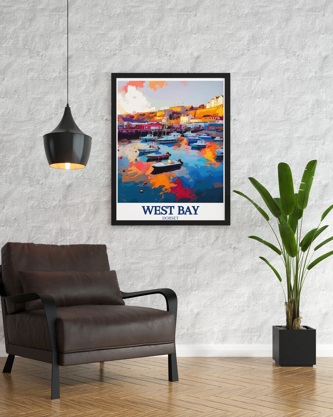 West Bay poster print beautifully captures the golden cliffs and peaceful waters of this iconic location along Englands Jurassic Coast. Perfect for those who love UK travel art, this piece brings the coastal beauty of West Bay into any home, making it an ideal England travel gift.