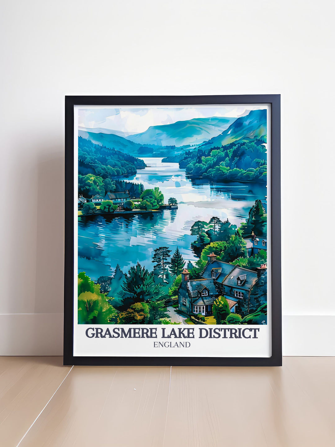 Featuring a detailed illustration of Grasmere Lake and the village, this wall art captures the natural and cultural beauty of the Lake District, England, ideal for enhancing your decor.