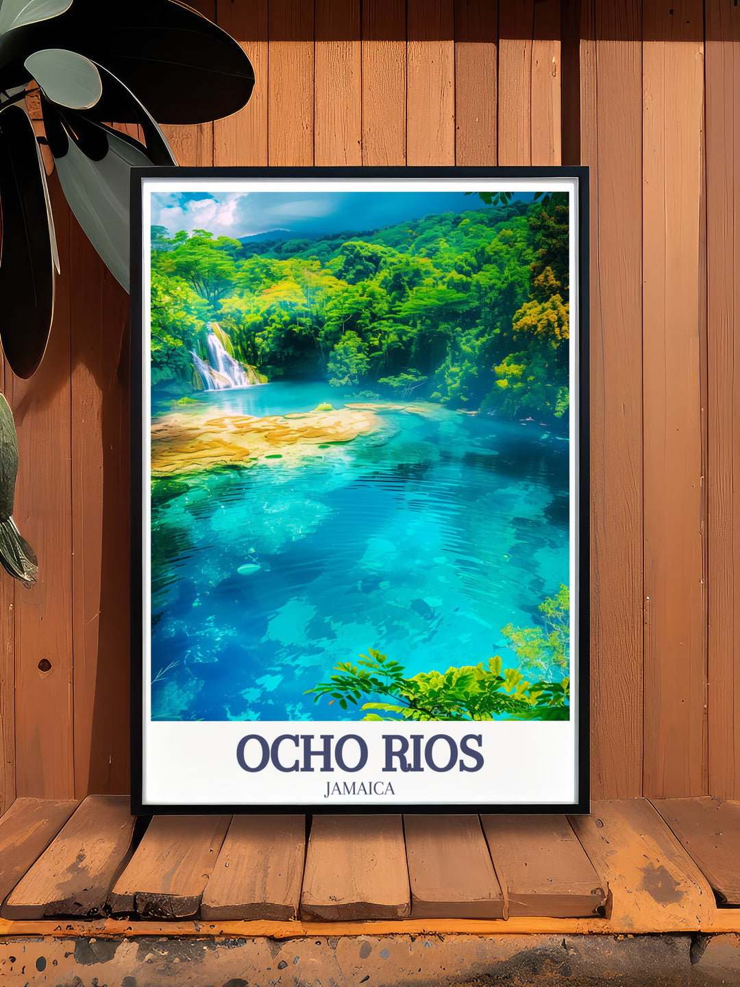 Transform your living space with this travel print of Ocho Rios, showcasing the pristine Blue Hole surrounded by the lush greenery of the Jamaican rainforest. The vibrant imagery and detailed artistry make this wall art a stunning focal point that captures the essence of Caribbean beauty.