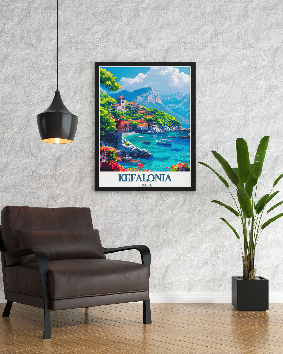 A vibrant travel print of Kefalonia, highlighting its dramatic coastlines, historical sites, and vibrant culture. The detailed artwork reflects the islands natural splendor and historical significance.