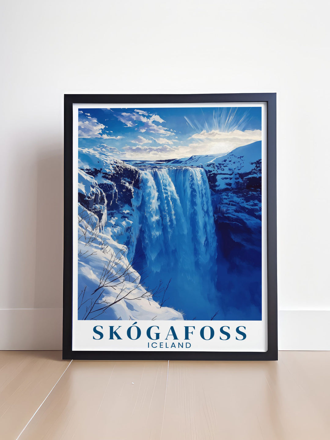 Captivating Skogafoss waterfall Winter print highlighting the awe inspiring presence of Icelands famous waterfall during winter a must have addition to any art collection for those who love travel and adventure.
