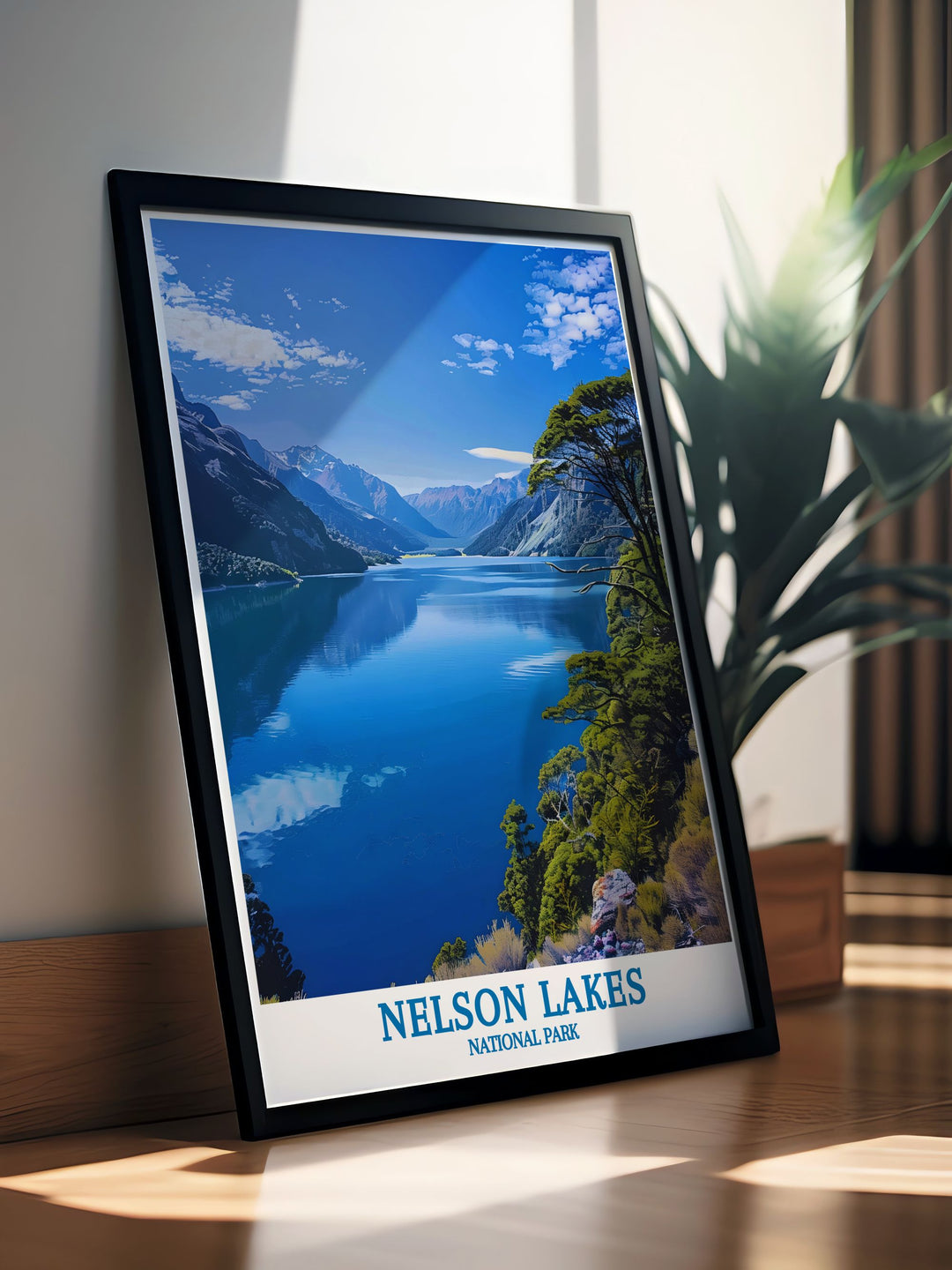 Nelson Lakes National Park bucket list print, capturing the essence of New Zealands untouched beauty, perfect for inspiring adventure and adding a touch of the wild to any room with its detailed and vibrant depiction of the park.