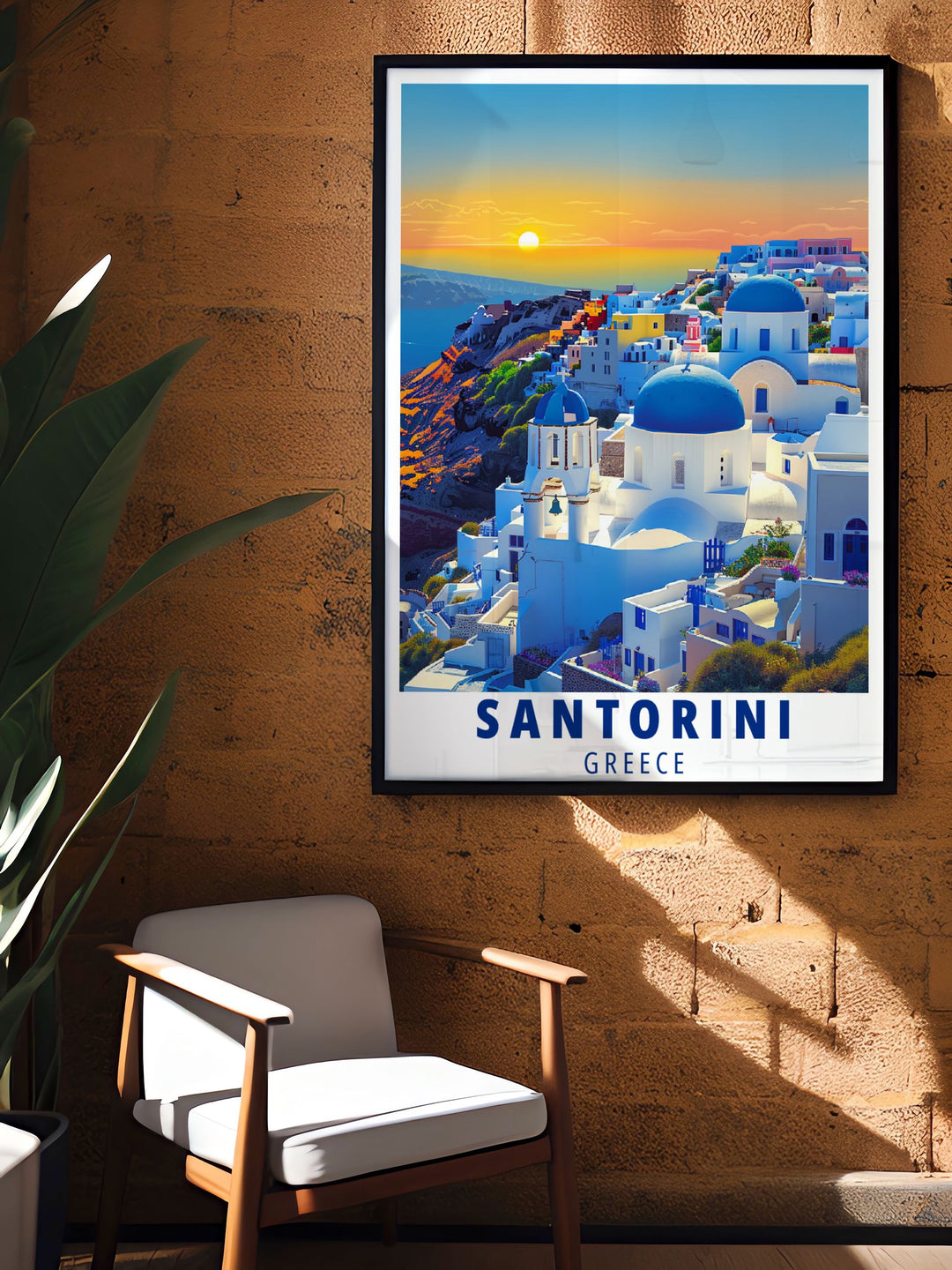 Vibrant poster featuring Oia, Santorini, highlighting its picturesque views and rich cultural heritage. Perfect for enhancing your home with Mediterranean charm.