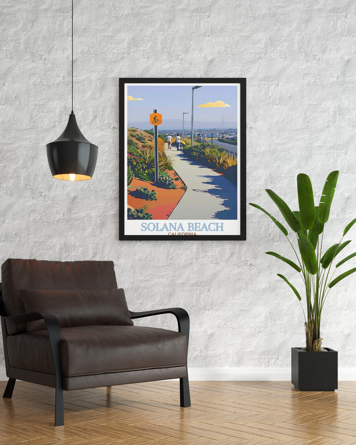 This Solana Beach wall art showcases the beauty of Californias coast, highlighting both the scenic Solana Beach and the Coastal Rail Trail. Perfect for beach lovers and nature enthusiasts, this detailed art print brings the relaxing coastal atmosphere into your home decor.