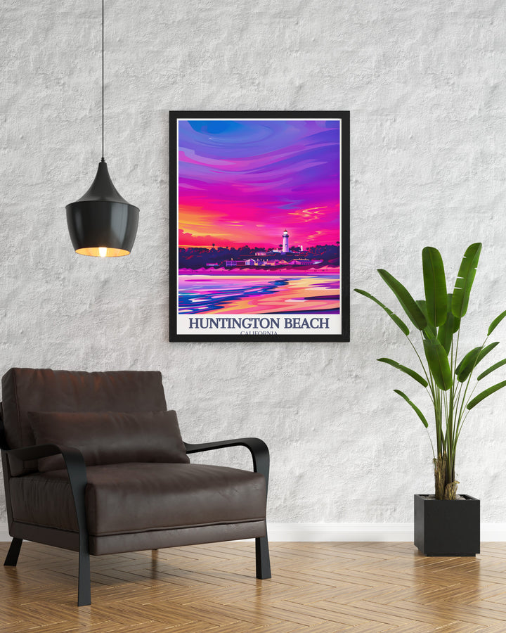 Huntington Beach travel poster featuring the iconic Huntington Beach Lighthouse and the golden sands of Huntington State Beach. This vintage inspired artwork captures the essence of Californias coastal beauty, perfect for adding a touch of West Coast charm to your home.