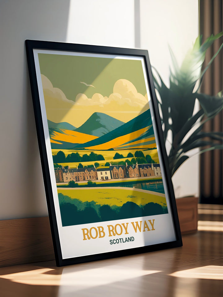 A beautiful art print of the Rob Roy Way, featuring key landmarks such as Drymen and Loch Tay. This travel poster is perfect for hiking enthusiasts or anyone who appreciates the serene beauty of the Scottish Highlands.